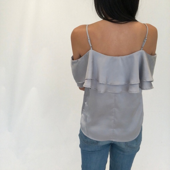 🔵ELAINE Silver Satin Ruffled Cold Shoulder Top - Picture 4 of 8